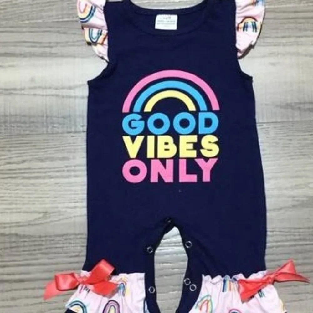 Boutique Rainbow Good Vibes Only Baby Girls Ruffle Romper Jumpsuit